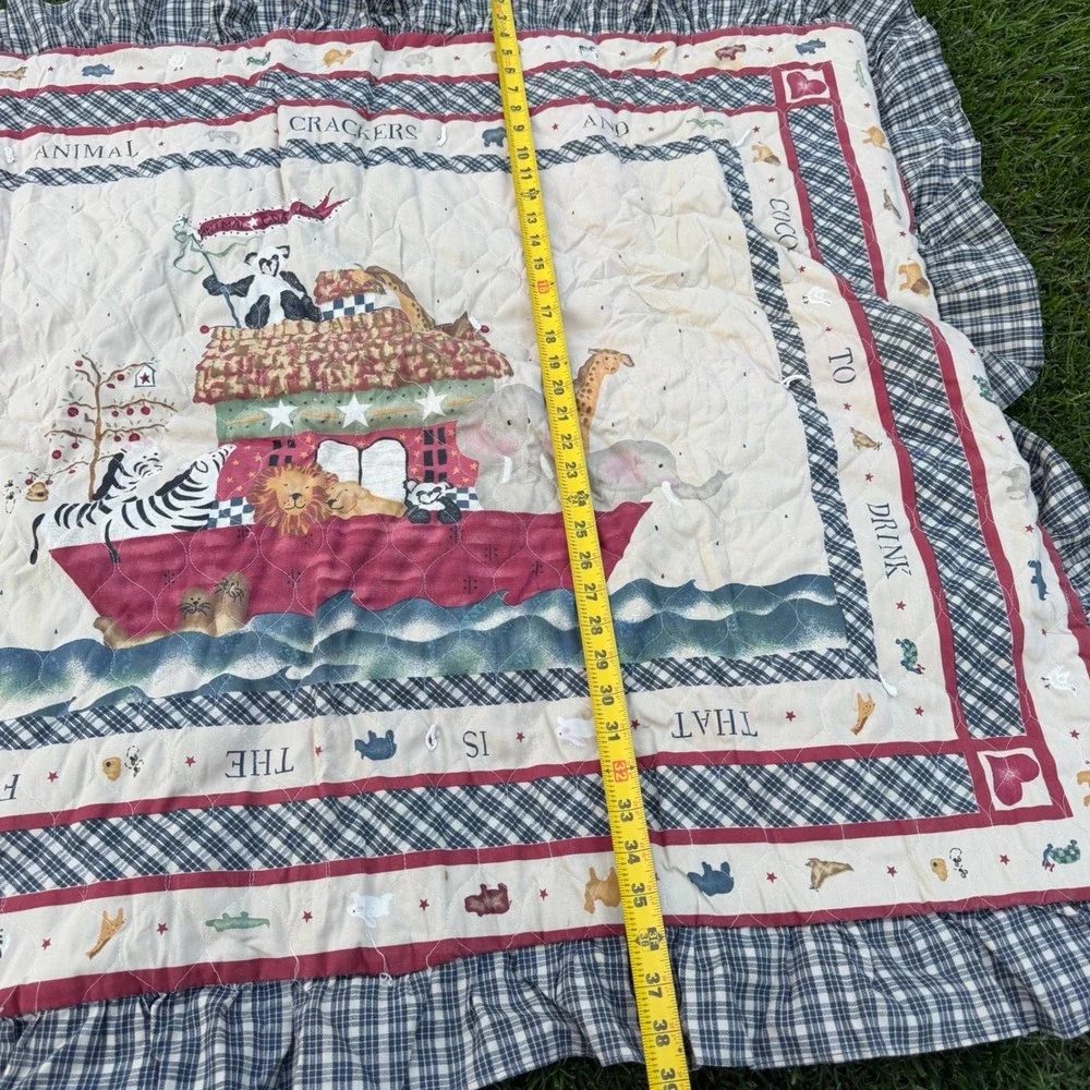 Noah's Ark Quilted Baby Blanket Ruffle Plaid Animal Crackers Nursery Blue Red
